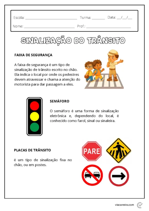 Ilustração sobre sinalização de trânsito com crianças e um semáforo.