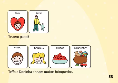 Ilustração de crianças expressando amor e brincadeiras com brinquedos.