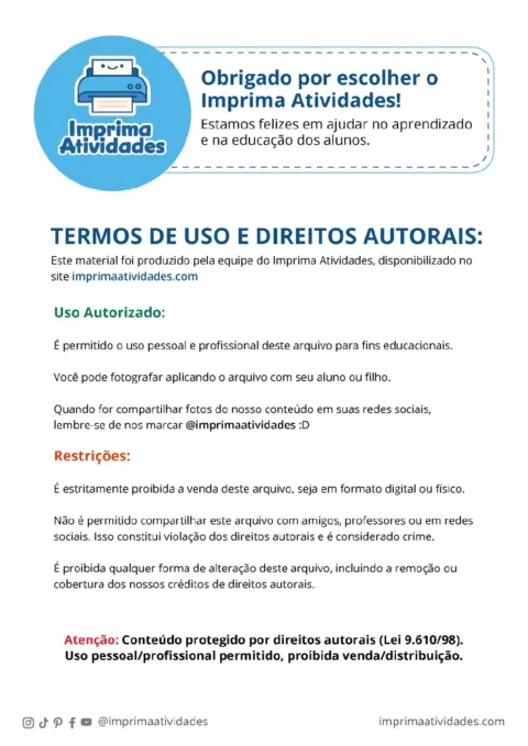 Imagem com informações sobre termos de uso e direitos autorais do site Imprima Atividades.
