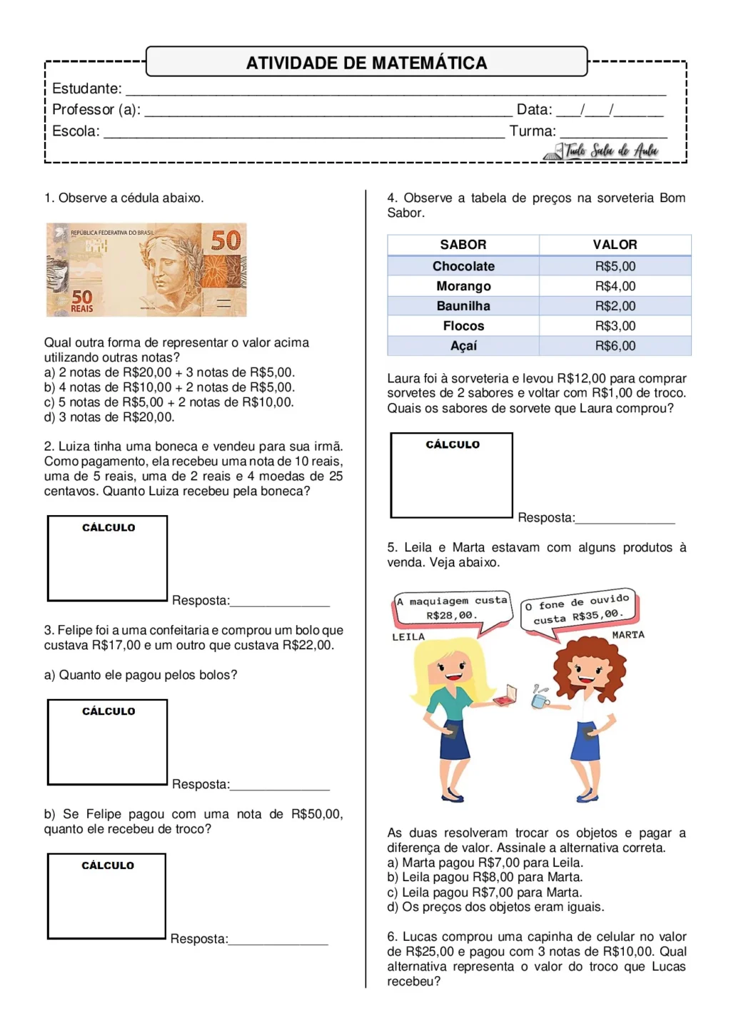 Atividade sistema monetário 3º ano para imprimir