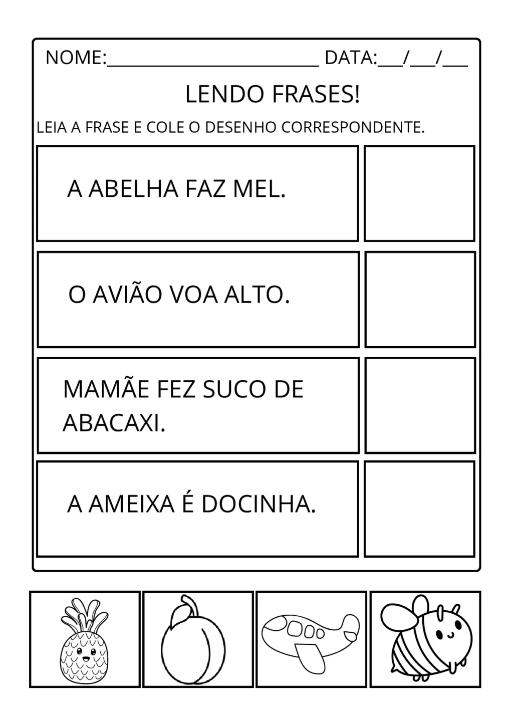 Atividades de alfabetização: leitura de frases para imprimir