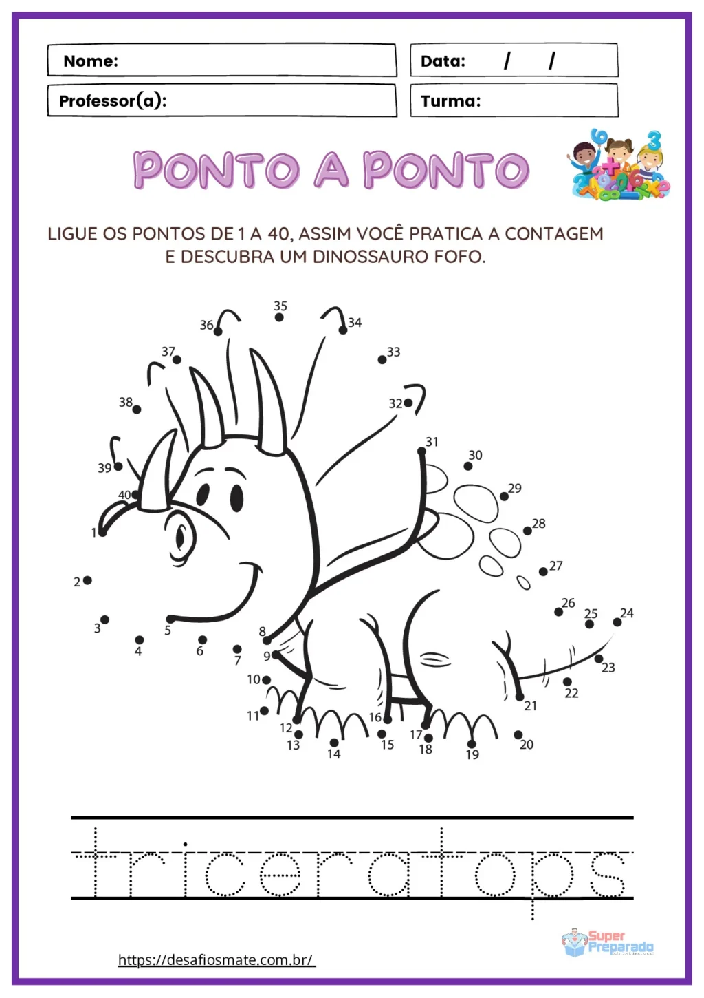 Atividades de ligar: Ligue os Pontos do Dinossauros em PDF