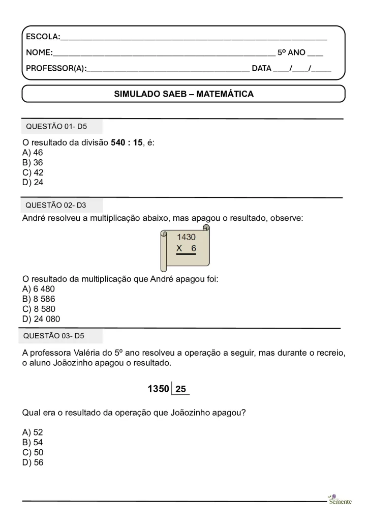 Simulado SAEB 2025 para o 5º ano — p14 | Atividades Educação Infantil (ensinoja.com.br)