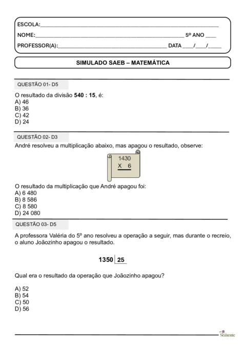 Simulado SAEB 2025 para o 5º ano — p14 | Atividades Educação Infantil (ensinoja.com.br)
