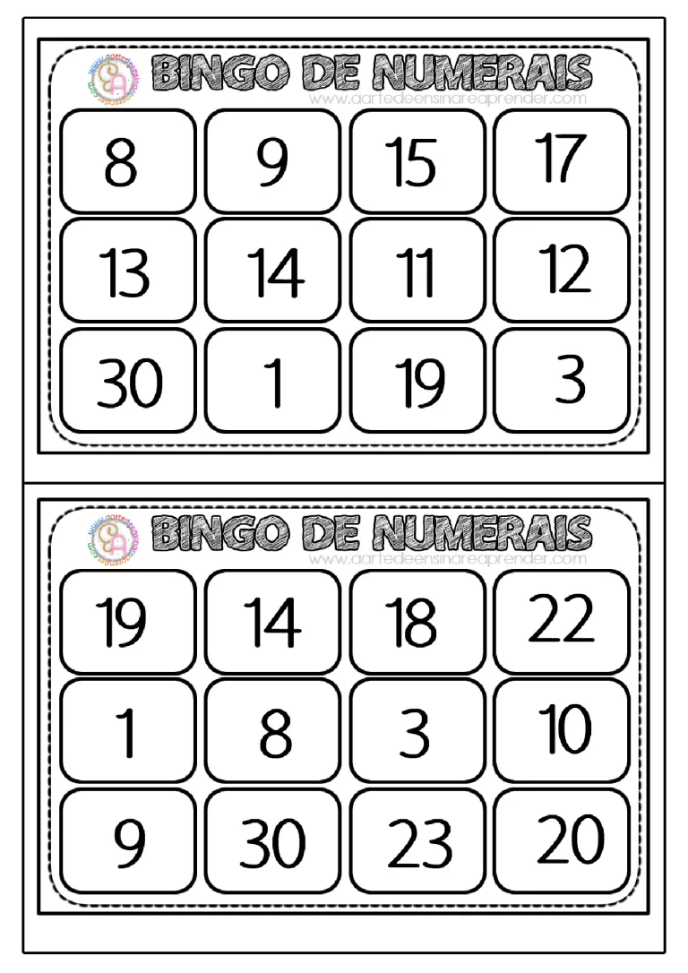 Atividades de bingo para aprender numerais