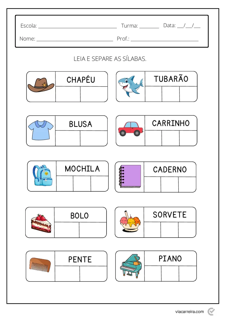 Atividades de separação de sílabas para crianças