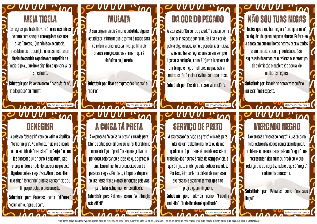 Conciência Negra: Card de Expressões Racistas — p1 | Atividades Educação Infantil (ensinoja.com.br)