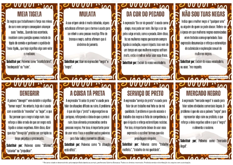 Conciência Negra: Card de Expressões Racistas — p1 | Atividades Educação Infantil (ensinoja.com.br)