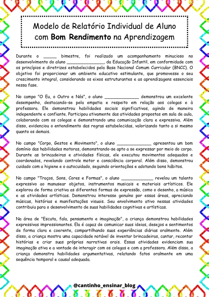 Modelos de relatórios individuais na educação infantil — p2 | Atividades Educação Infantil (ensinoja.com.br)