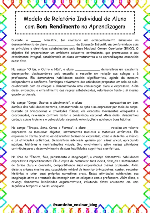 Modelos de relatórios individuais na educação infantil — p2 | Atividades Educação Infantil (ensinoja.com.br)