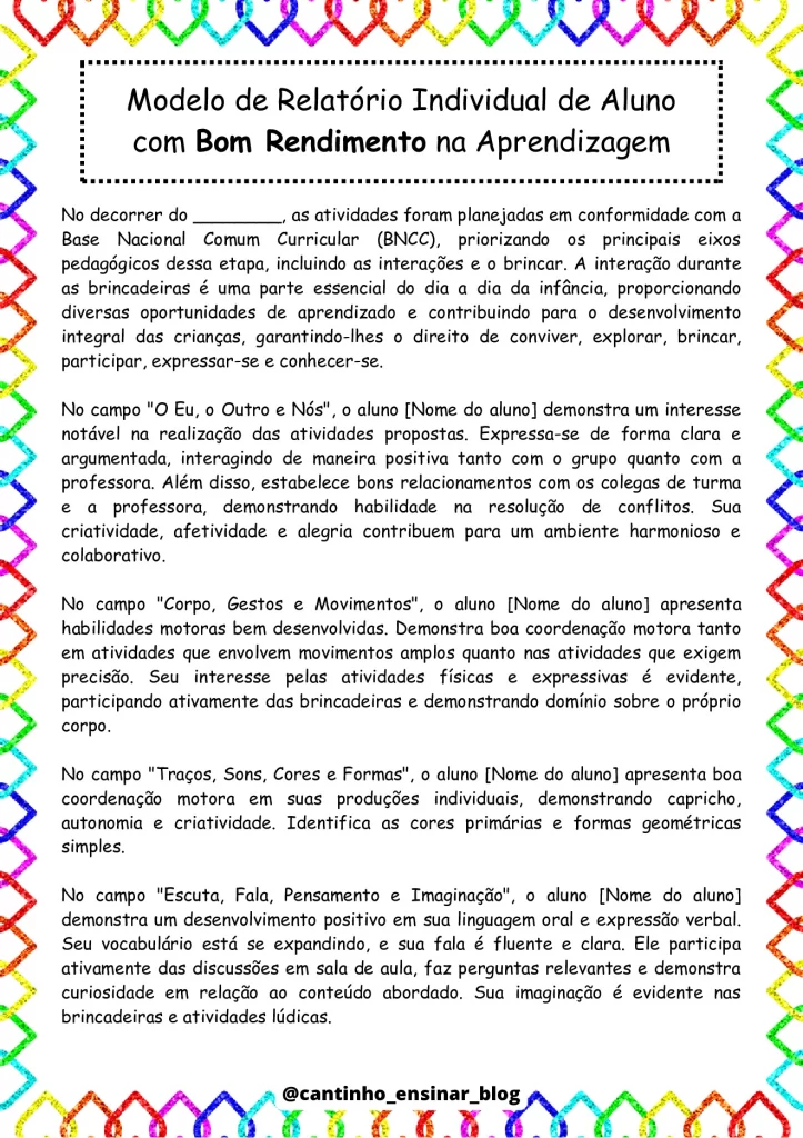 Modelos de relatórios individuais na educação infantil — p4 | Atividades Educação Infantil (ensinoja.com.br)