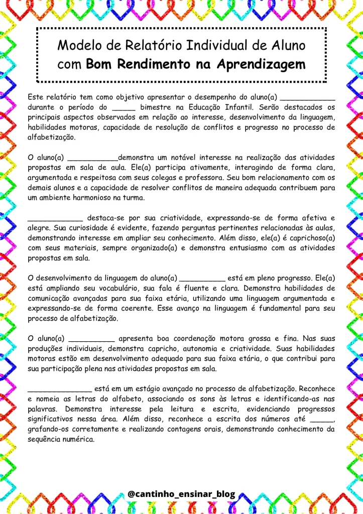 Modelos de relatórios individuais na educação infantil — p8 | Atividades Educação Infantil (ensinoja.com.br)