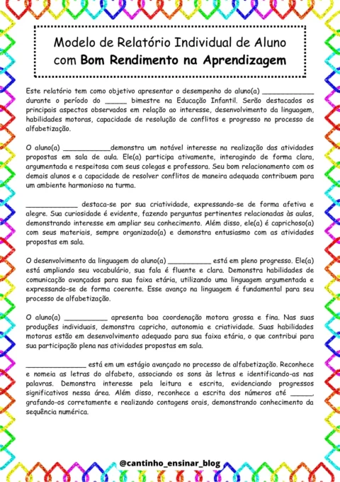 Modelos de relatórios individuais na educação infantil — p8 | Atividades Educação Infantil (ensinoja.com.br)