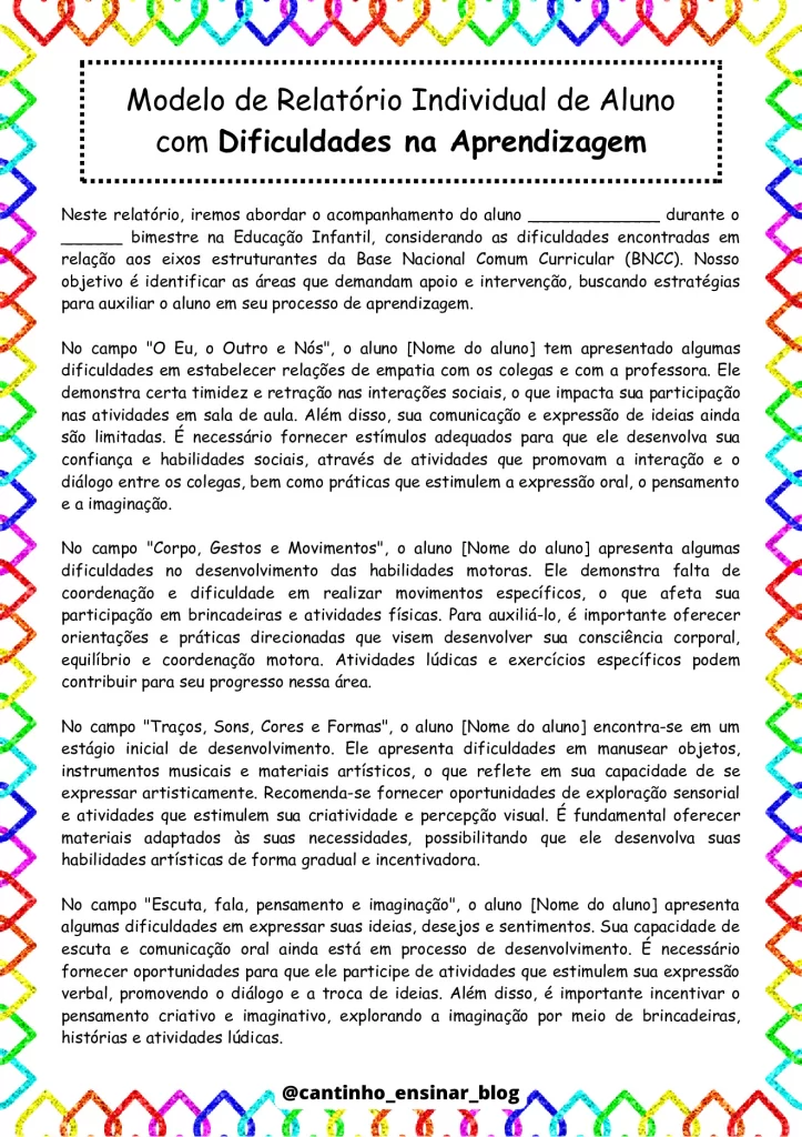 Modelos de relatórios individuais na educação infantil — p10 | Atividades Educação Infantil (ensinoja.com.br)