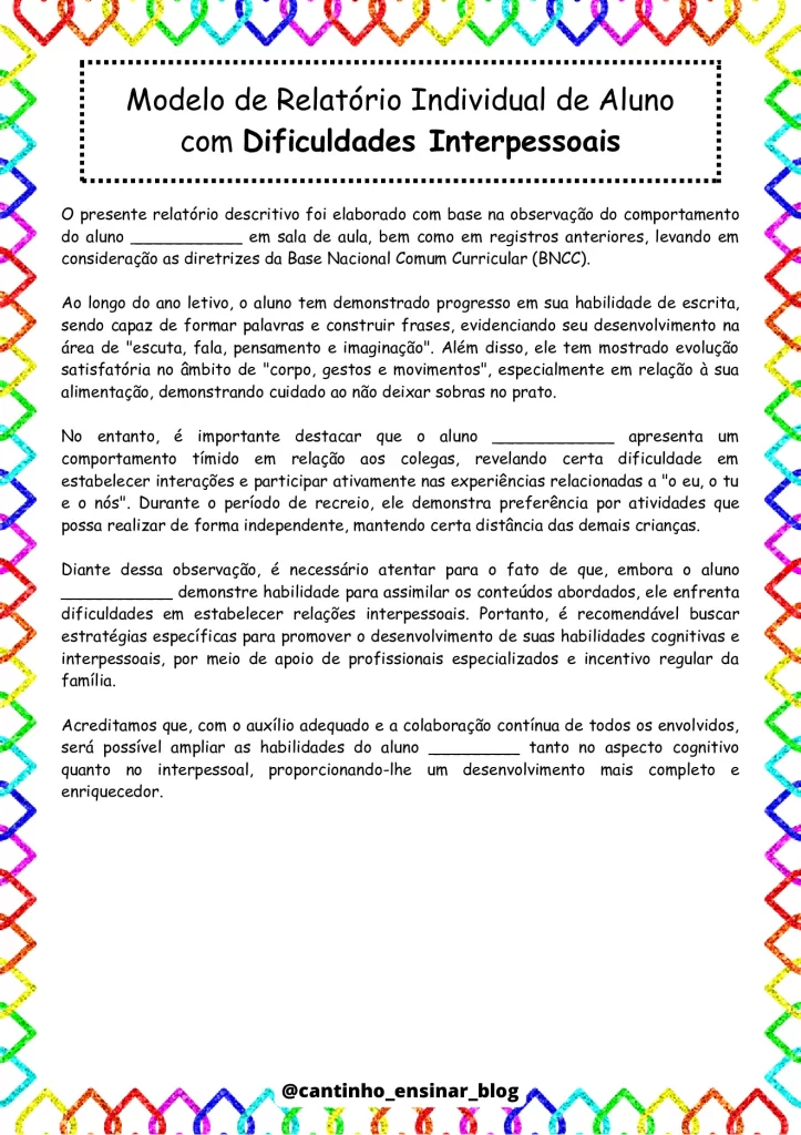 Modelos de relatórios individuais na educação infantil — p14 | Atividades Educação Infantil (ensinoja.com.br)