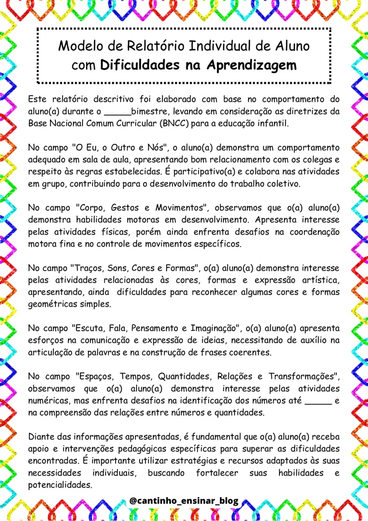 Modelos de relatórios individuais na educação infantil — p17 | Atividades Educação Infantil (ensinoja.com.br)