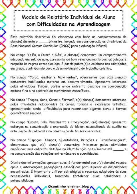 Modelos de relatórios individuais na educação infantil — p17 | Atividades Educação Infantil (ensinoja.com.br)