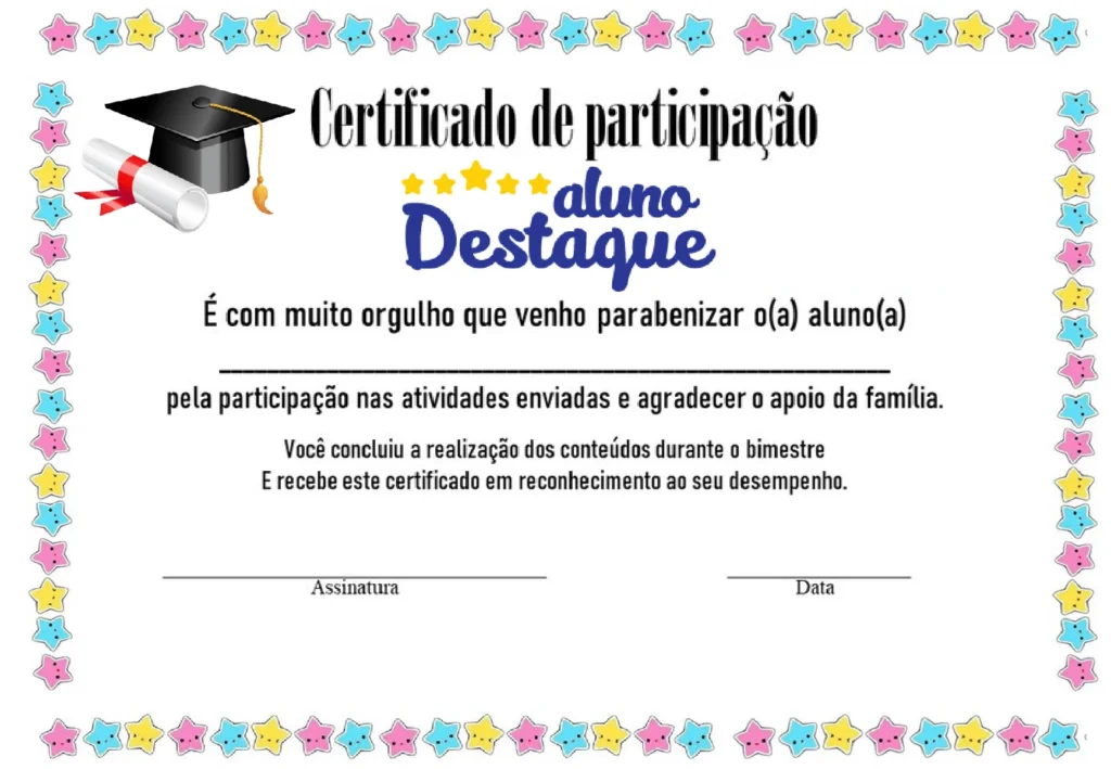 Certificado de Participação Aluno Destaque para Imprimir