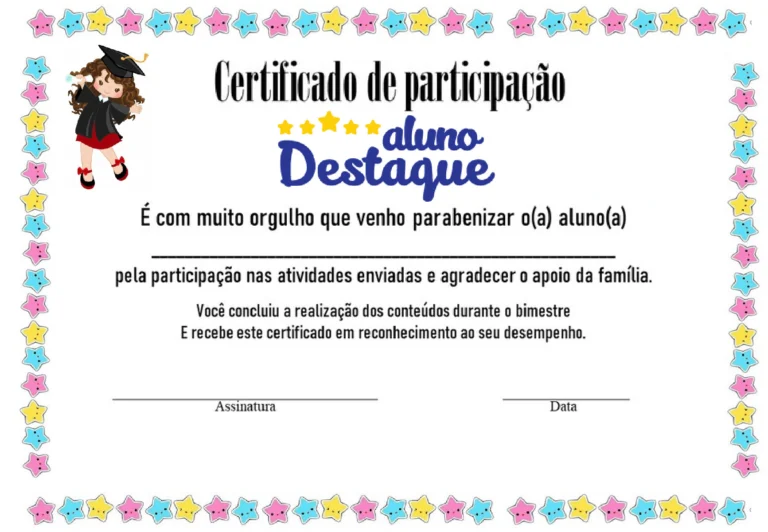 Certificado de Participação Aluno Destaque para Imprimir — p9 | Atividades Educação Infantil (ensinoja.com.br)