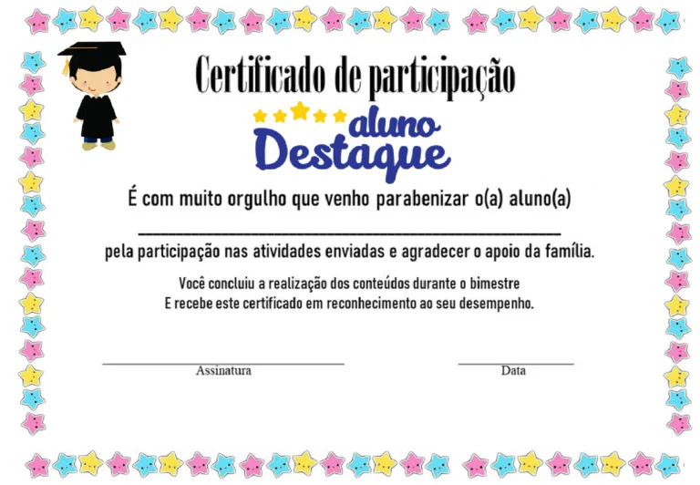 Certificado de Participação Aluno Destaque para Imprimir — p12 | Atividades Educação Infantil (ensinoja.com.br)