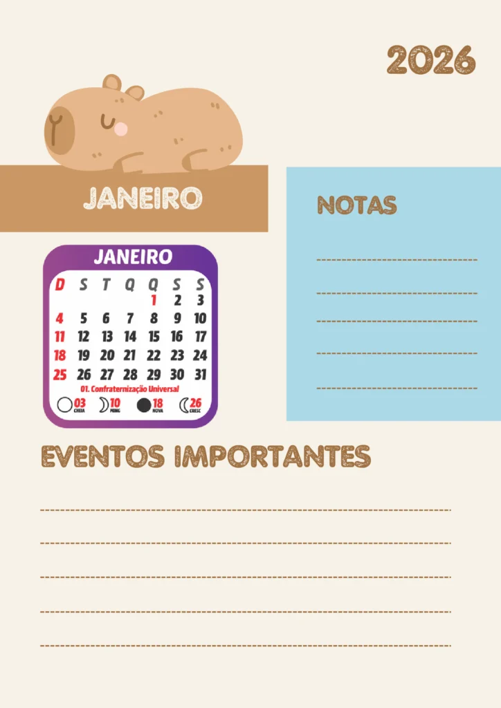 Planner Escolar 2026 Mensal Capivara para Imprimir — p5 | Atividades Educação Infantil (ensinoja.com.br)
