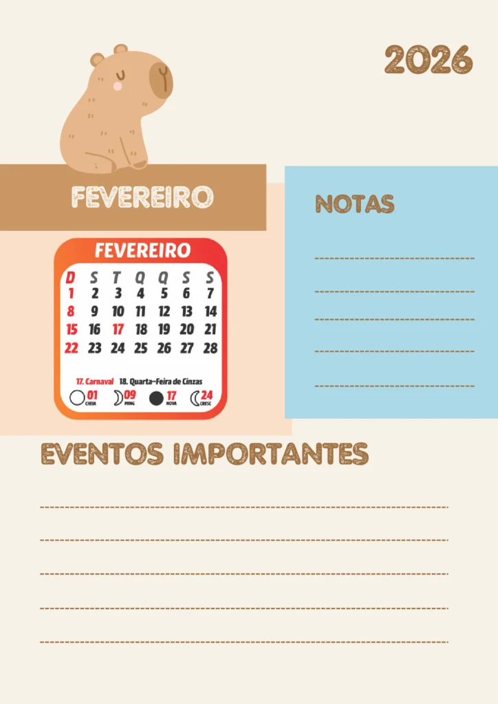 Planner Escolar 2026 Mensal Capivara para Imprimir — p6 | Atividades Educação Infantil (ensinoja.com.br)