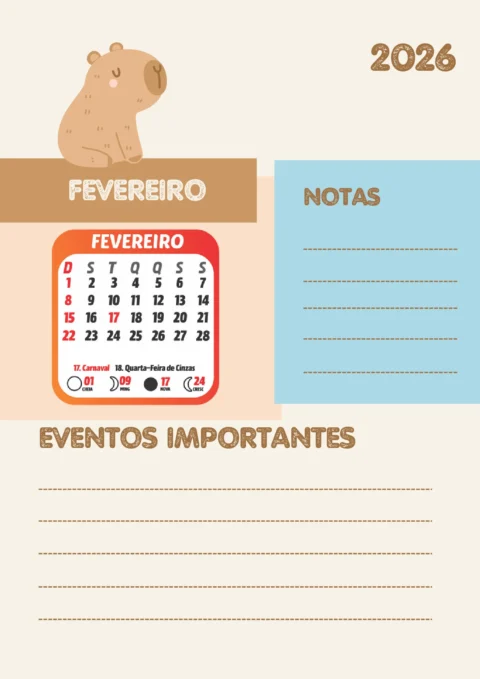 Planner Escolar 2026 Mensal Capivara para Imprimir — p6 | Atividades Educação Infantil (ensinoja.com.br)