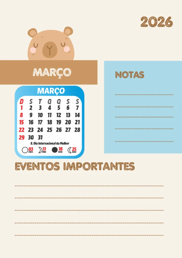 Planner Escolar 2026 Mensal Capivara para Imprimir — p7 | Atividades Educação Infantil (ensinoja.com.br)