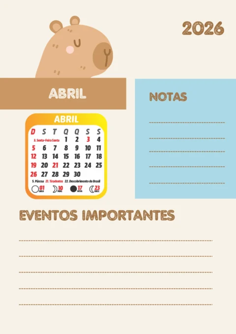 Planner Escolar 2026 Mensal Capivara para Imprimir — p8 | Atividades Educação Infantil (ensinoja.com.br)