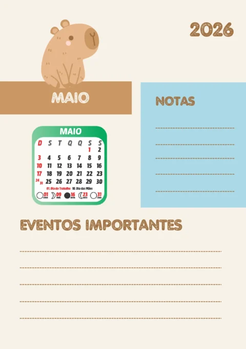 Planner Escolar 2026 Mensal Capivara para Imprimir — p9 | Atividades Educação Infantil (ensinoja.com.br)