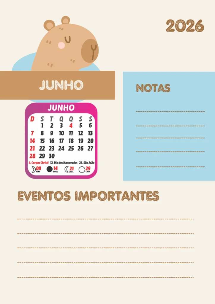 Planner Escolar 2026 Mensal Capivara para Imprimir — p10 | Atividades Educação Infantil (ensinoja.com.br)
