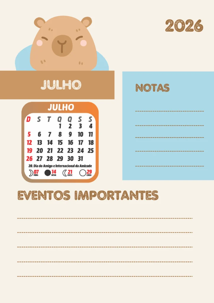 Planner Escolar 2026 Mensal Capivara para Imprimir — p11 | Atividades Educação Infantil (ensinoja.com.br)