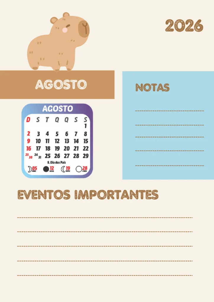 Planner Escolar 2026 Mensal Capivara para Imprimir — p12 | Atividades Educação Infantil (ensinoja.com.br)
