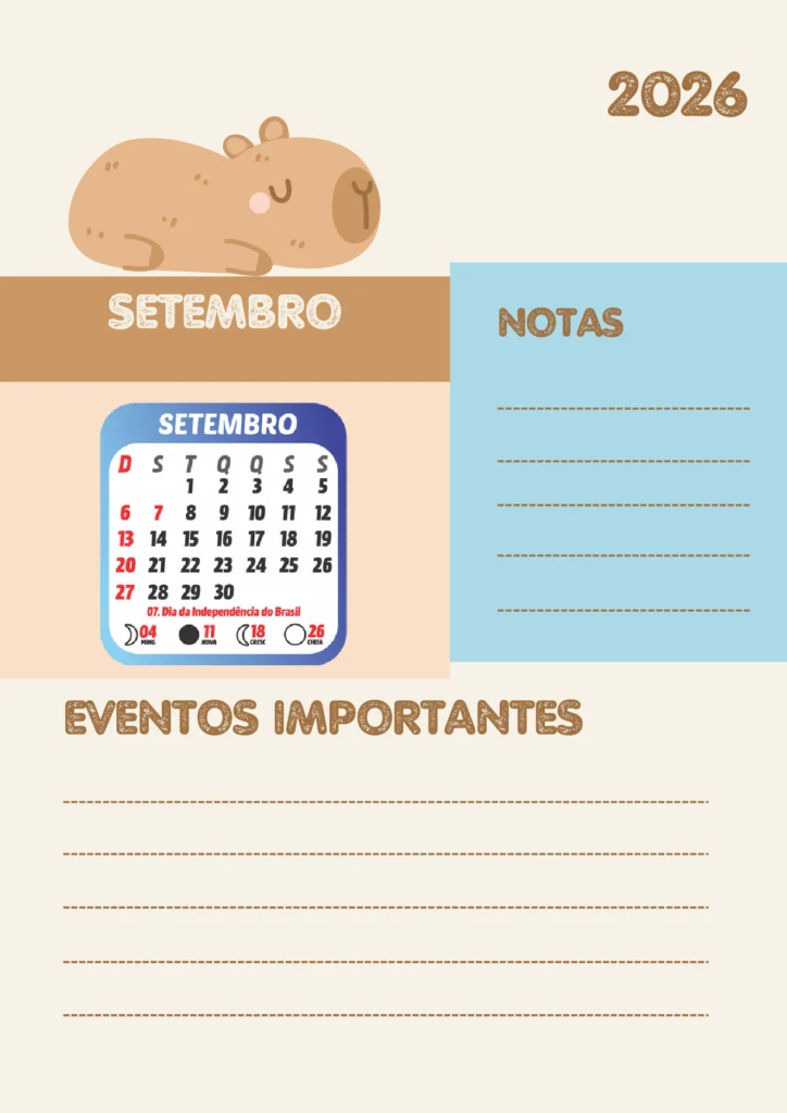 Planner Escolar 2026 Mensal Capivara para Imprimir — p13 | Atividades Educação Infantil (ensinoja.com.br)