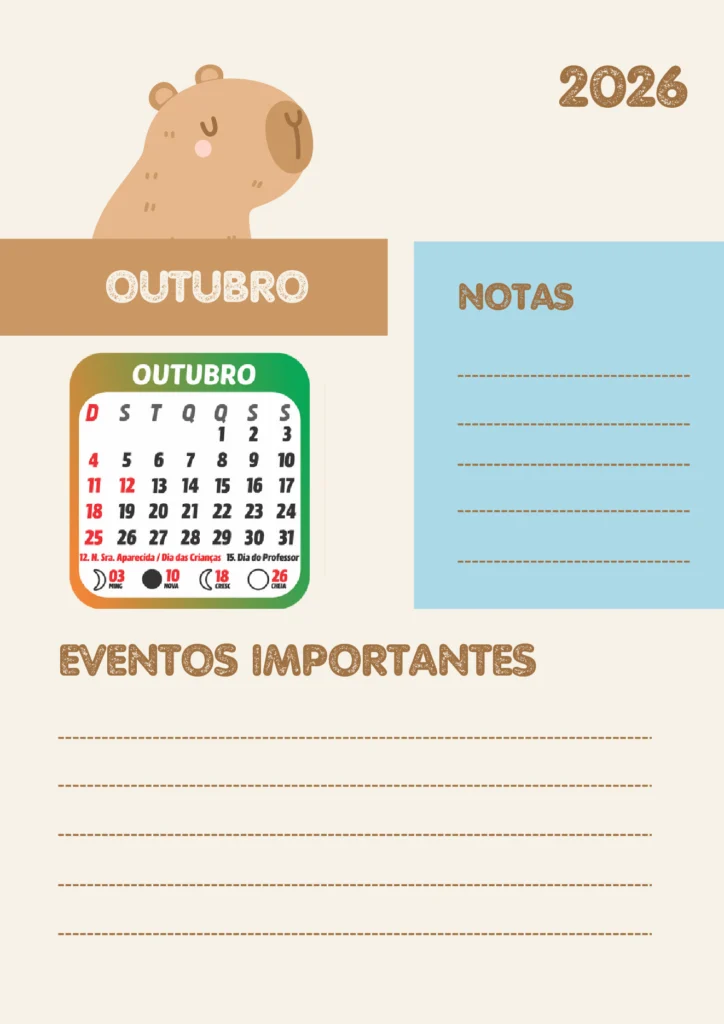 Planner Escolar 2026 Mensal Capivara para Imprimir — p14 | Atividades Educação Infantil (ensinoja.com.br)