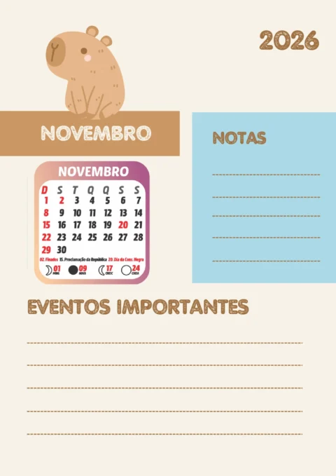 Planner Escolar 2026 Mensal Capivara para Imprimir — p15 | Atividades Educação Infantil (ensinoja.com.br)