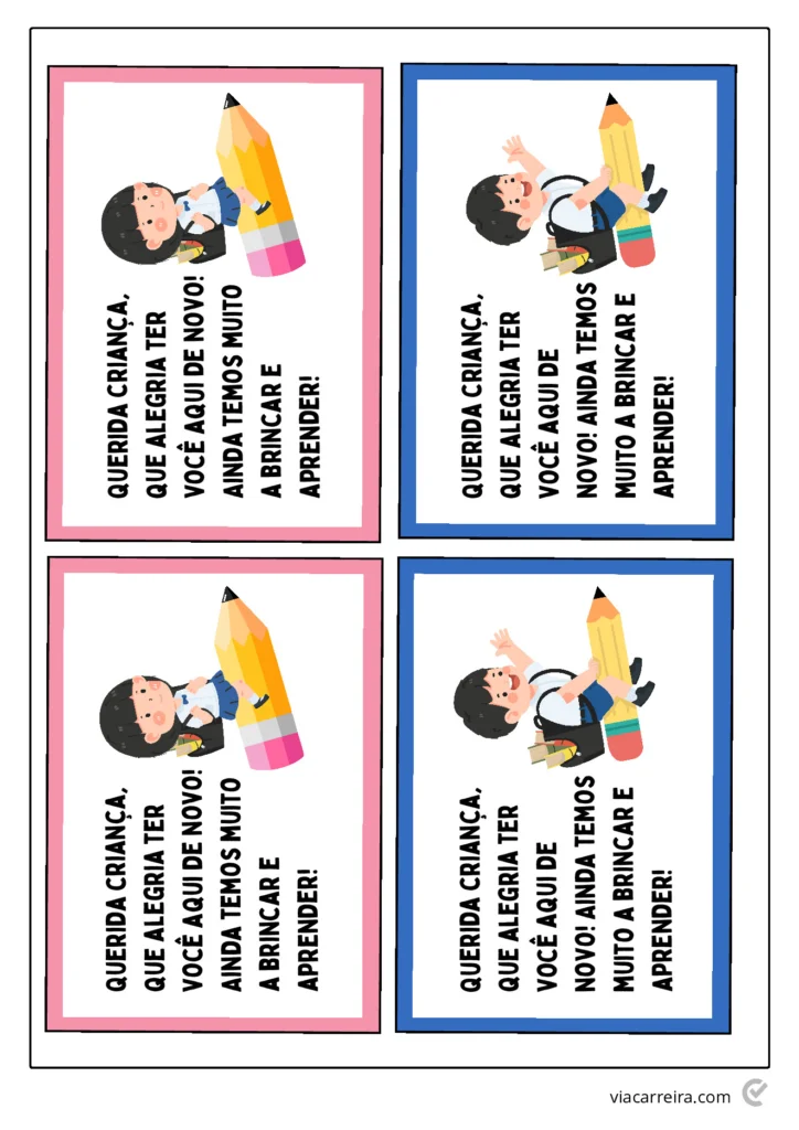 Cartões Volta às Aulas: Boas-Vindas para Imprimir (PDF) — p7 | Atividades Educação Infantil (ensinoja.com.br)