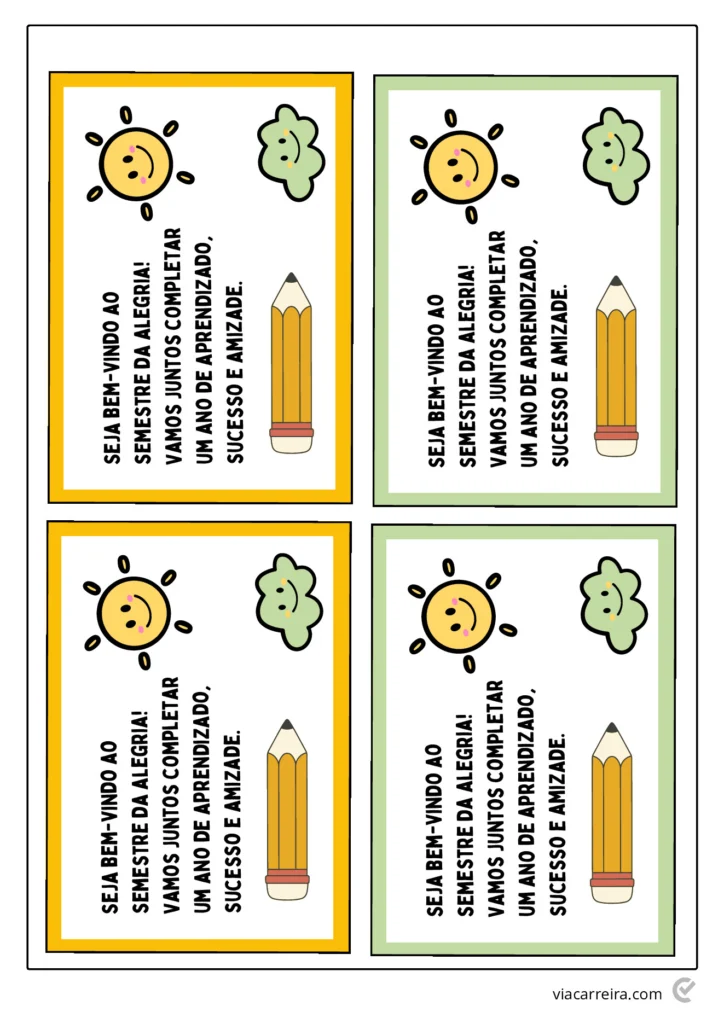 Cartões Volta às Aulas: Boas-Vindas para Imprimir (PDF) — p9 | Atividades Educação Infantil (ensinoja.com.br)