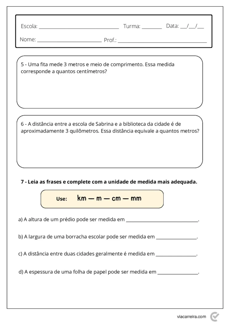 Medidas de Comprimento para 4º e 5º Ano em PDF com 14 Páginas — p9 | Atividades Educação Infantil (ensinoja.com.br)