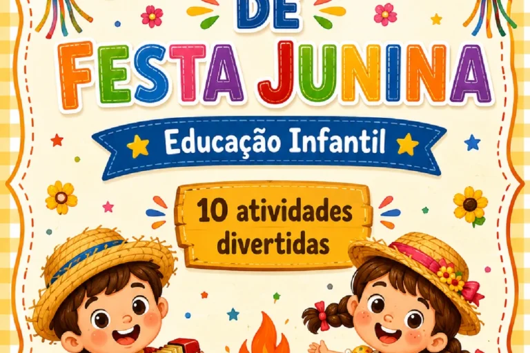 Capa colorida de atividades de Festa Junina para a educação infantil, com crianças, fogueira e bandeirinhas
