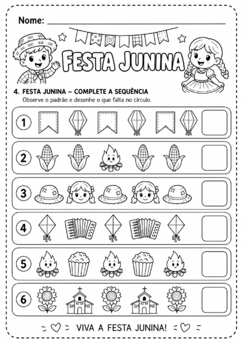 Atividade de Festa Junina para completar seis sequências com balões, milho, fogueiras e outros símbolos