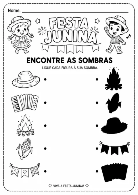 Atividade de Festa Junina para ligar chapéu, sanfona, fogueira, milho e bandeirinhas às respectivas sombras