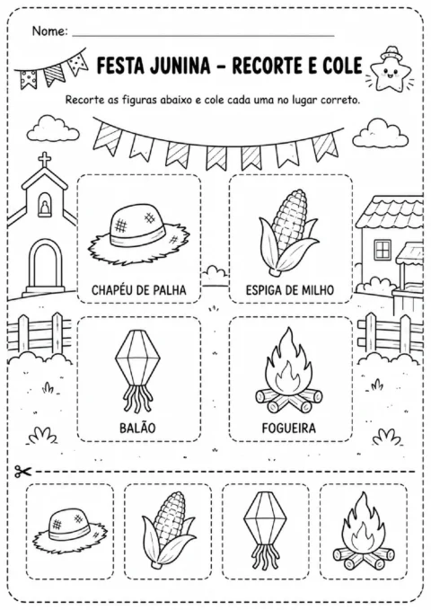 Atividade de Festa Junina para recortar chapéu, milho, balão e fogueira e colar nos locais identificados