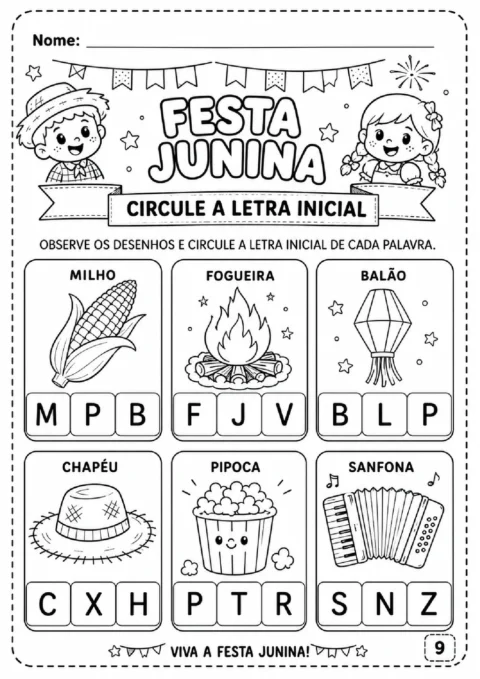 Atividade de Festa Junina para circular a letra inicial de milho, fogueira, balão, chapéu, pipoca e sanfona