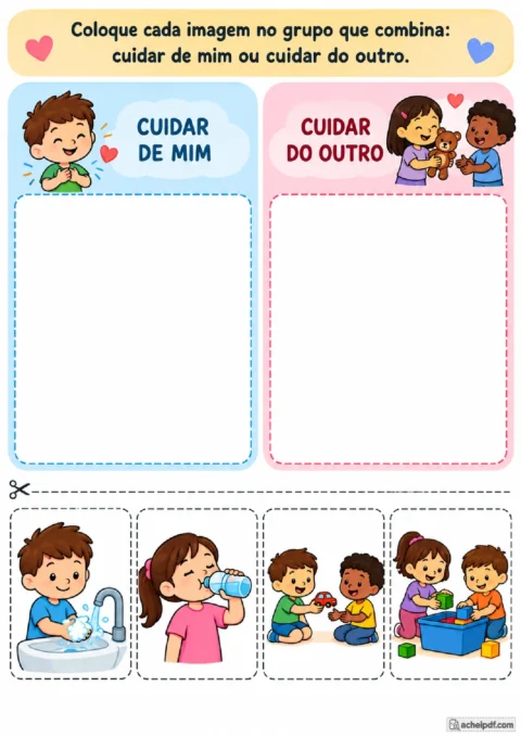Situações de cuidar de mim e cuidar do outro para classificar no Maternal II