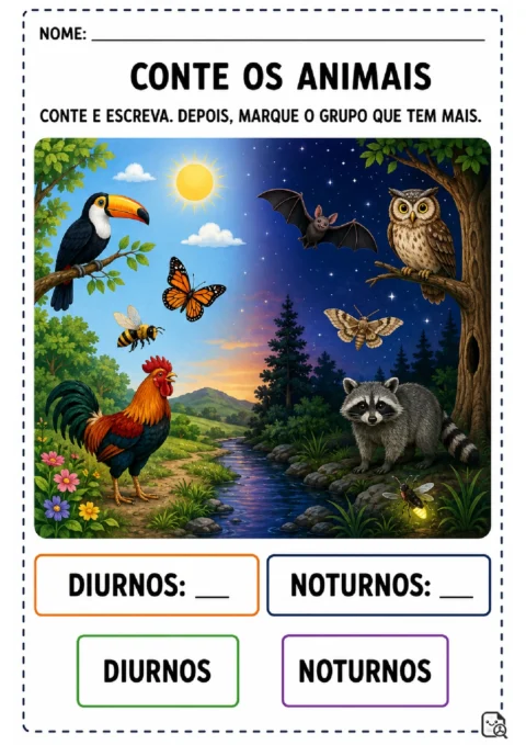 Animais diurnos e noturnos: atividades para imprimir