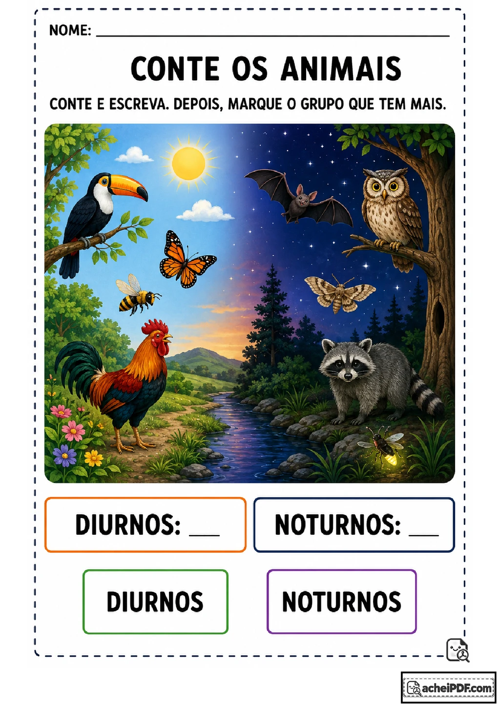 Animais diurnos e noturnos: atividades para imprimir