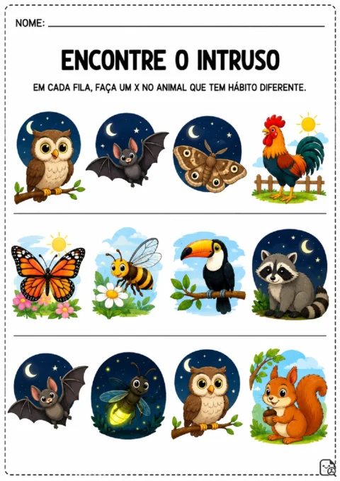 Atividade Encontre o Intruso com grupos de animais diurnos e noturnos para marcar o animal de hábito diferente.