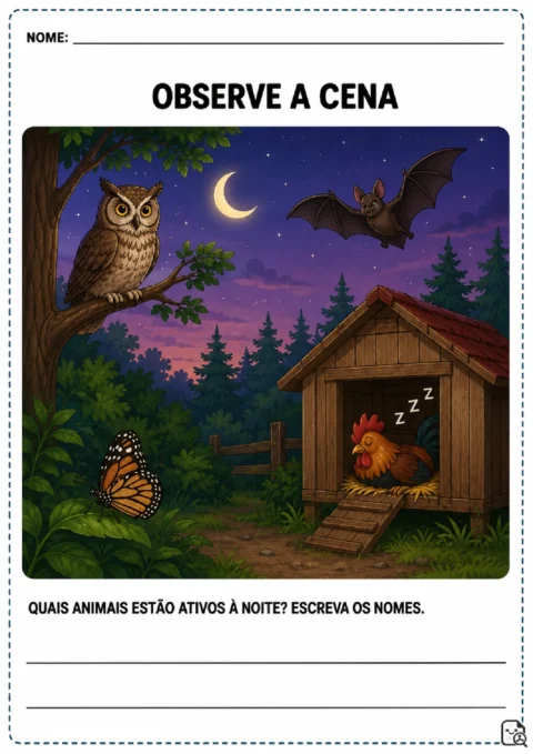Cena noturna com coruja, morcego, borboleta e galo dormindo para escrever os nomes dos animais ativos à noite.