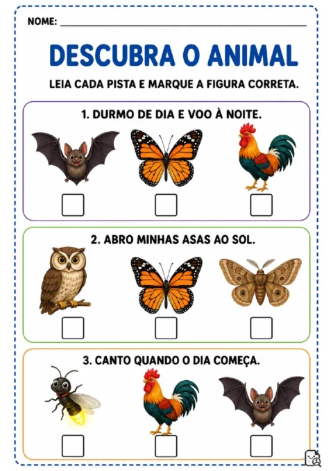 Atividade Descubra o Animal com três pistas e opções de morcego, borboleta, galo, coruja e vaga-lume.